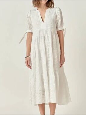 English Factory White Gingham Checkered Tiered Midi Dress Puff Sleeve Medium EUC